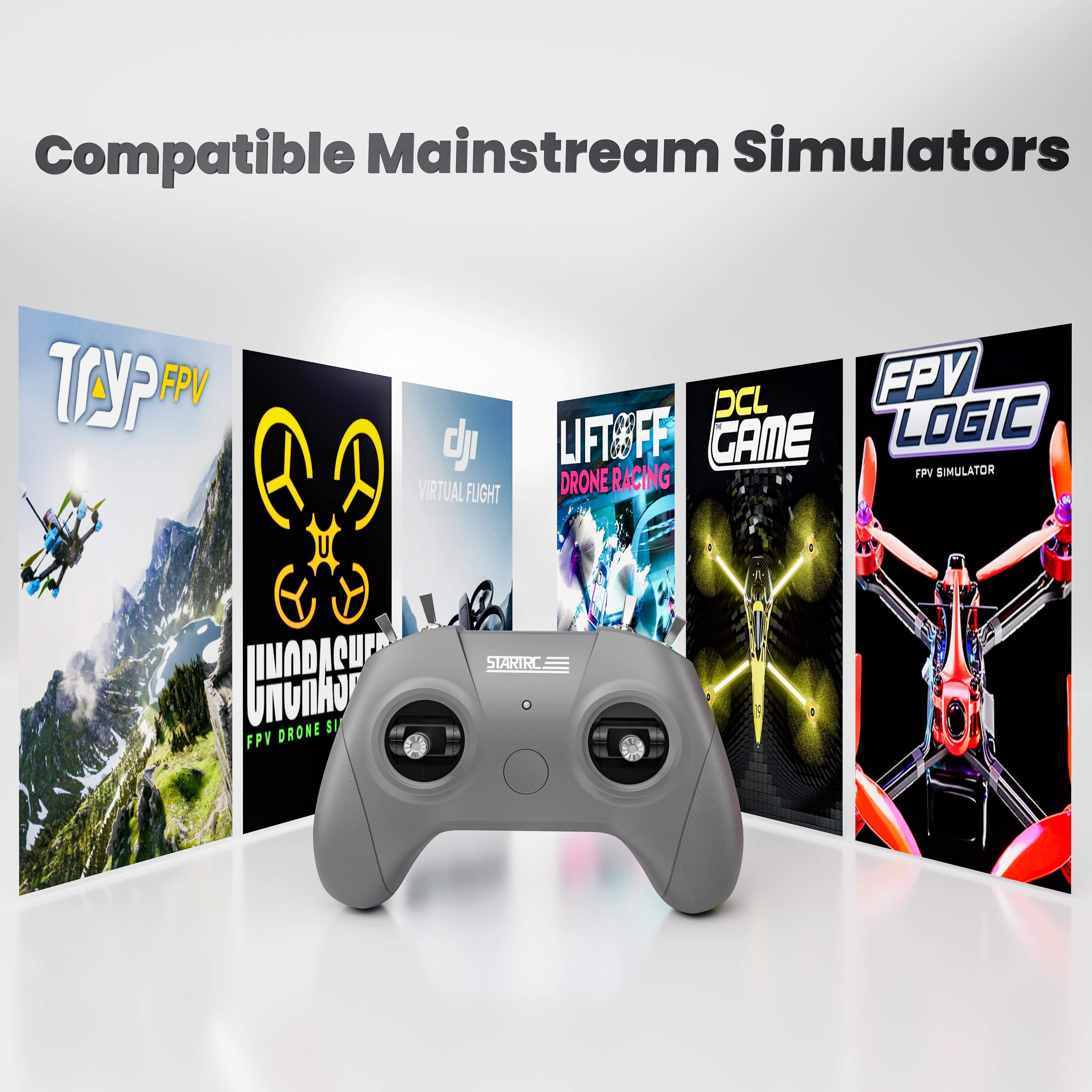STARTFPV S8 Pro M2 FPV simulator controller compatible with 14+ major international FPV simulators, including Liftoff, DRL, DCL, Velocidrone, and FPV LOGIC, providing seamless training for pilots and FPV institutions worldwide.