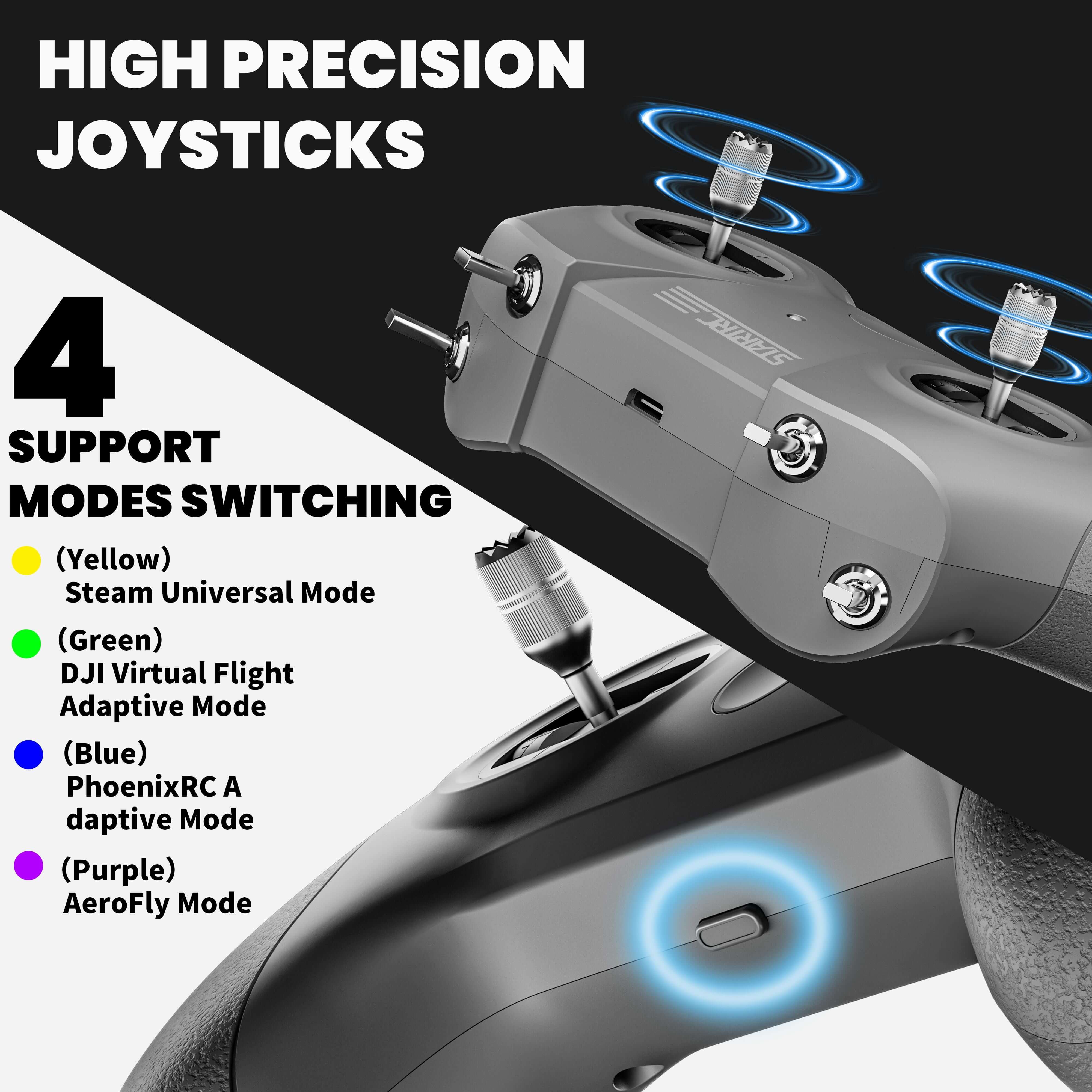 STARTFPV S8 Pro M2 FPV simulator controller showing four selectable flight modes, including beginner, intermediate, advanced, and acro settings, providing flexible training options for pilots, FPV clubs, and training institutions.