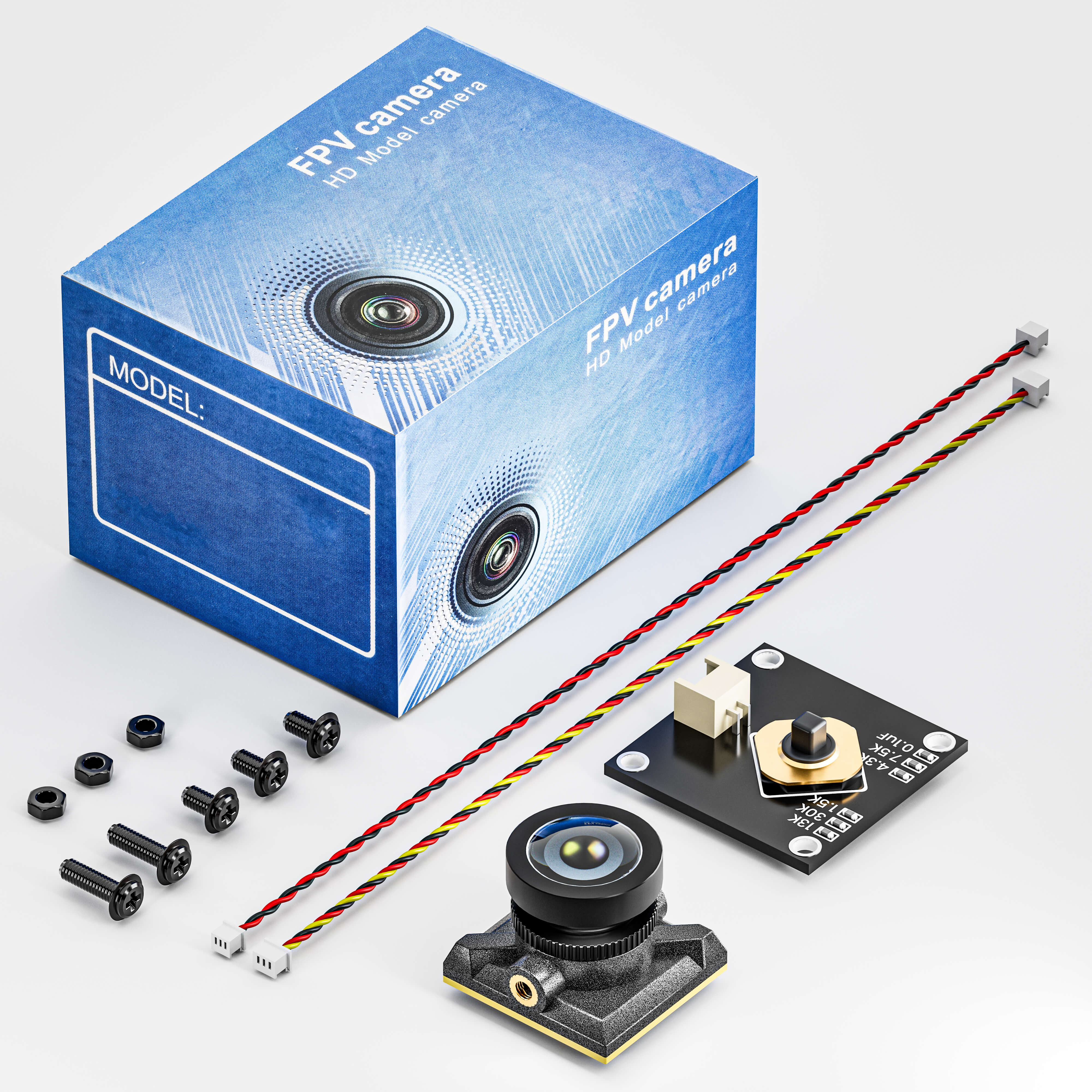 STARTFPV T8-C2 FPV camera includes camera module, FPV adapter cable, debug cable, and adjustment module