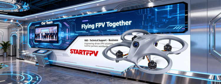 STARTFPV team showcasing R&D, technical support, and business departments delivering professional FPV solutions for global partners